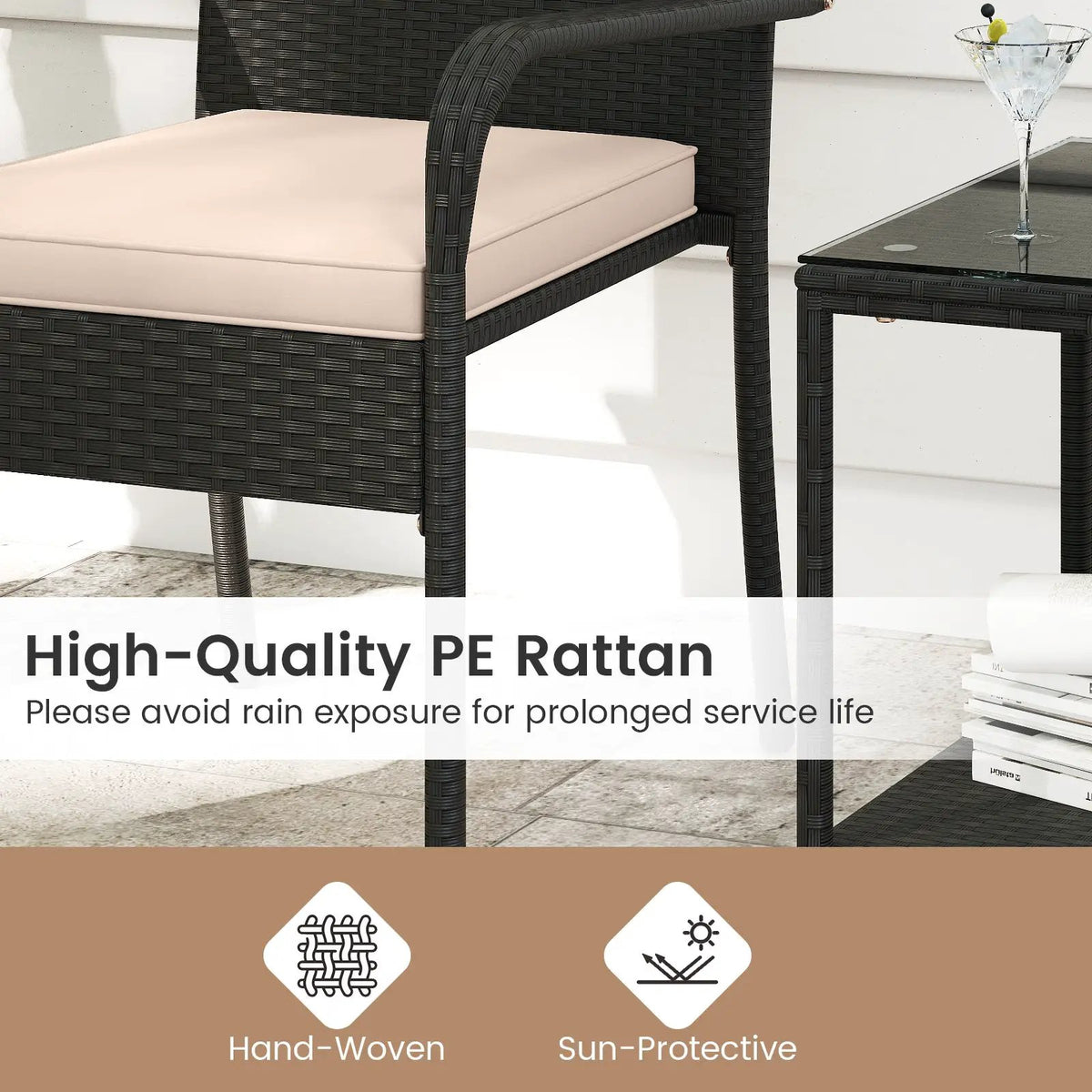 3 Piece Patio Furniture Set with Seat Cushions and Tempered Glass Tabletop, photo 21 of 24