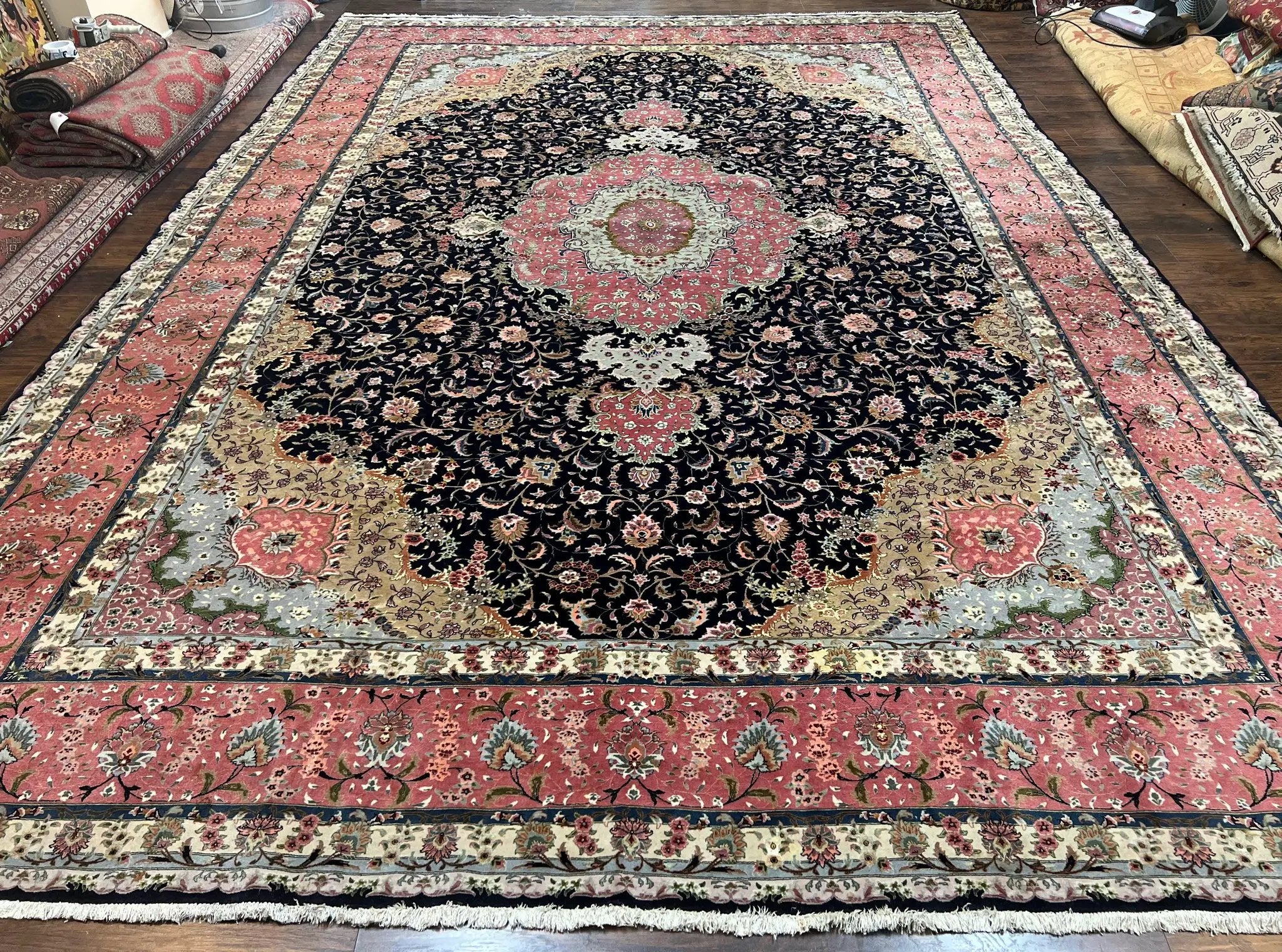Magnificent Persian Tabriz Rug 11x16, Oversized Persian Carpet 11 x 16 ft, Wool on Silk Finely Hand Knotted, 450 KPSI, Floral Medallion, Black Pink by Jewel Rugs