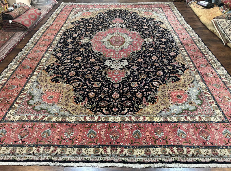 Magnificent Persian Tabriz Rug 11x16, Oversized Persian Carpet 11 x 16 ft, Wool on Silk Finely Hand Knotted, 450 KPSI, Floral Medallion, Black Pink by Jewel Rugs