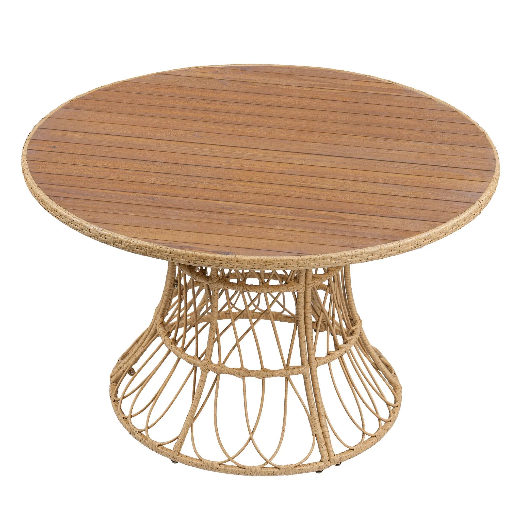 5-Piece Outdoor Dining Set: Teak Finish Round Acacia Wood Table & 4 Wicker Armchairs by HouseOfZazla