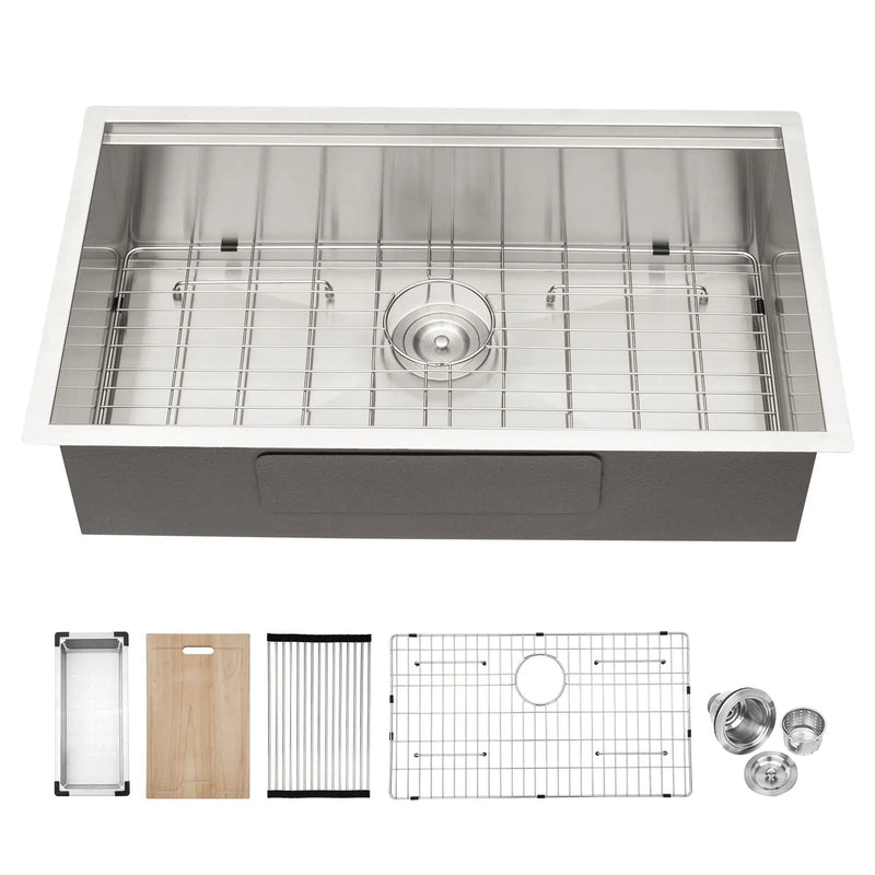 32" Undermount Kitchen Sink Brushed Nickel 16 Gauge Stainless Steel Single Bowl With Ledge Workstation, 32 X 19 X 9 Inch by HouseOfZazla