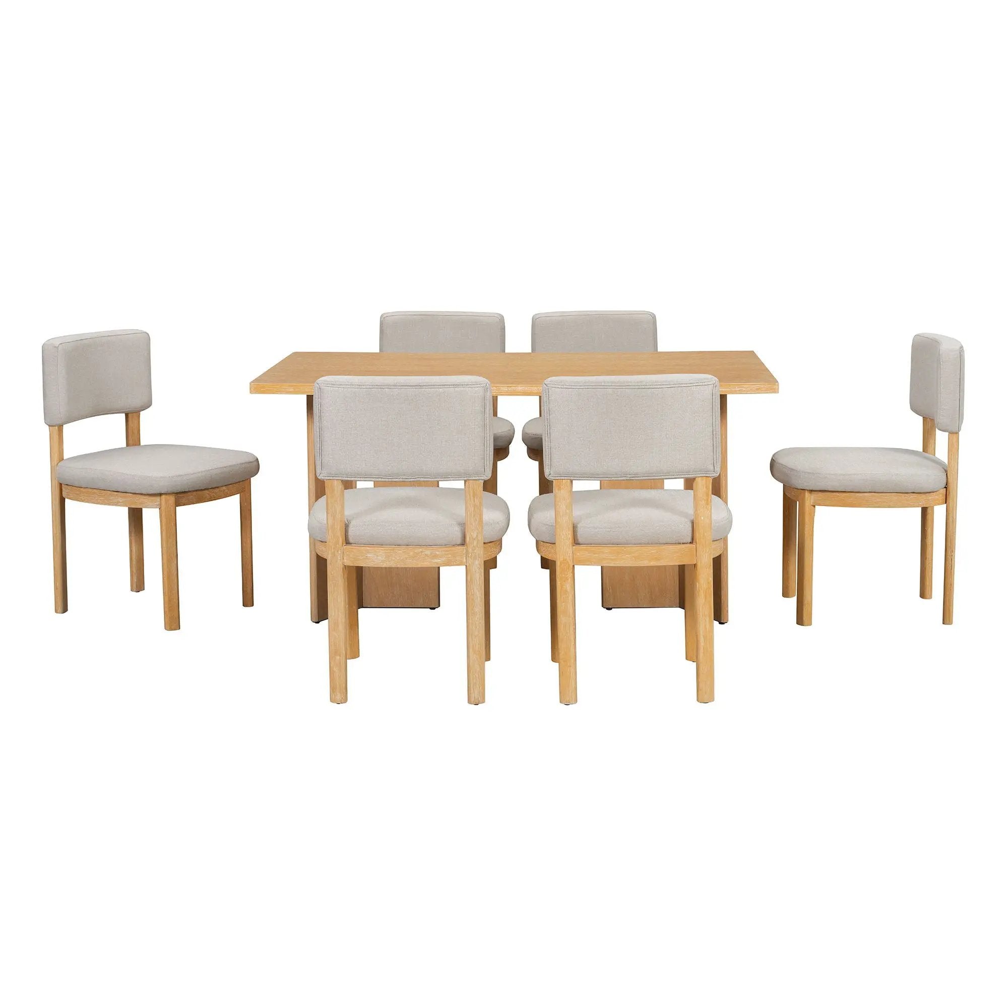 Dining Table Set With 6 Upholstered Chairs, Rectangular Table With Cutout Legs