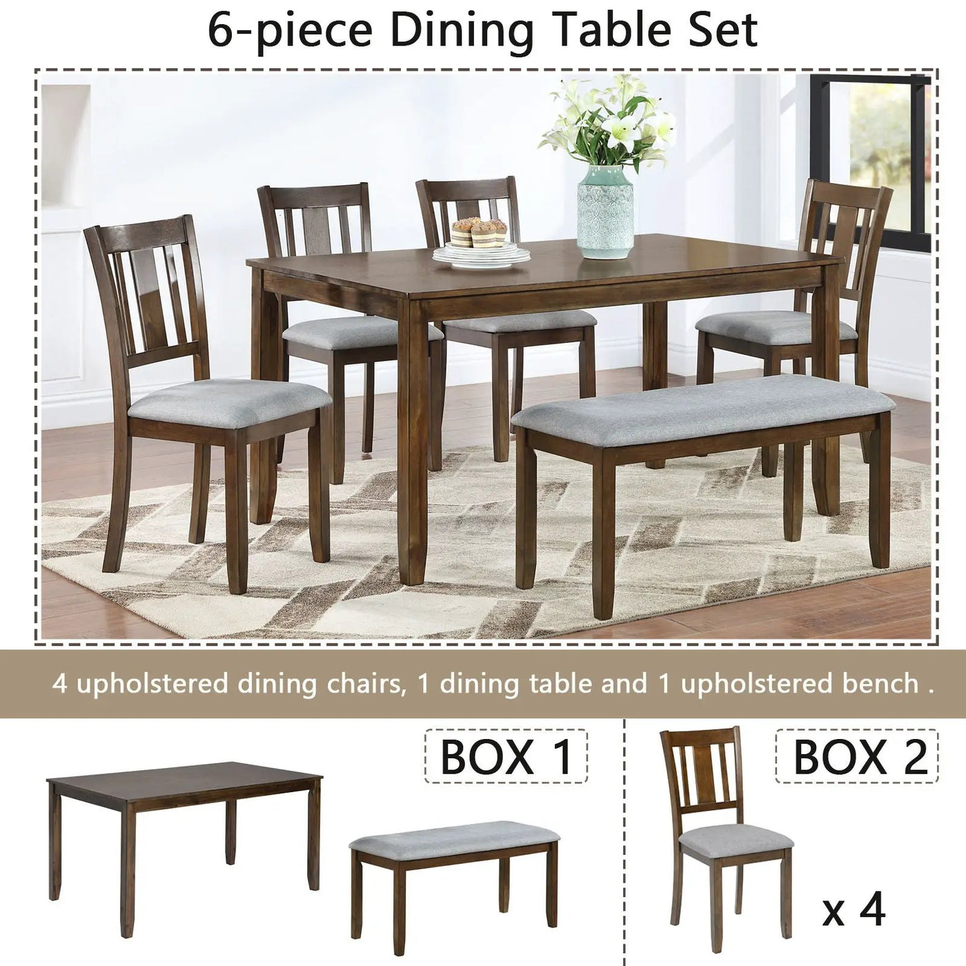 6 Pieces Kitchen Dining Set, Rectangular Wooden Dining Table With 4 Upholstered Chairs And A Bench by HouseOfZazla