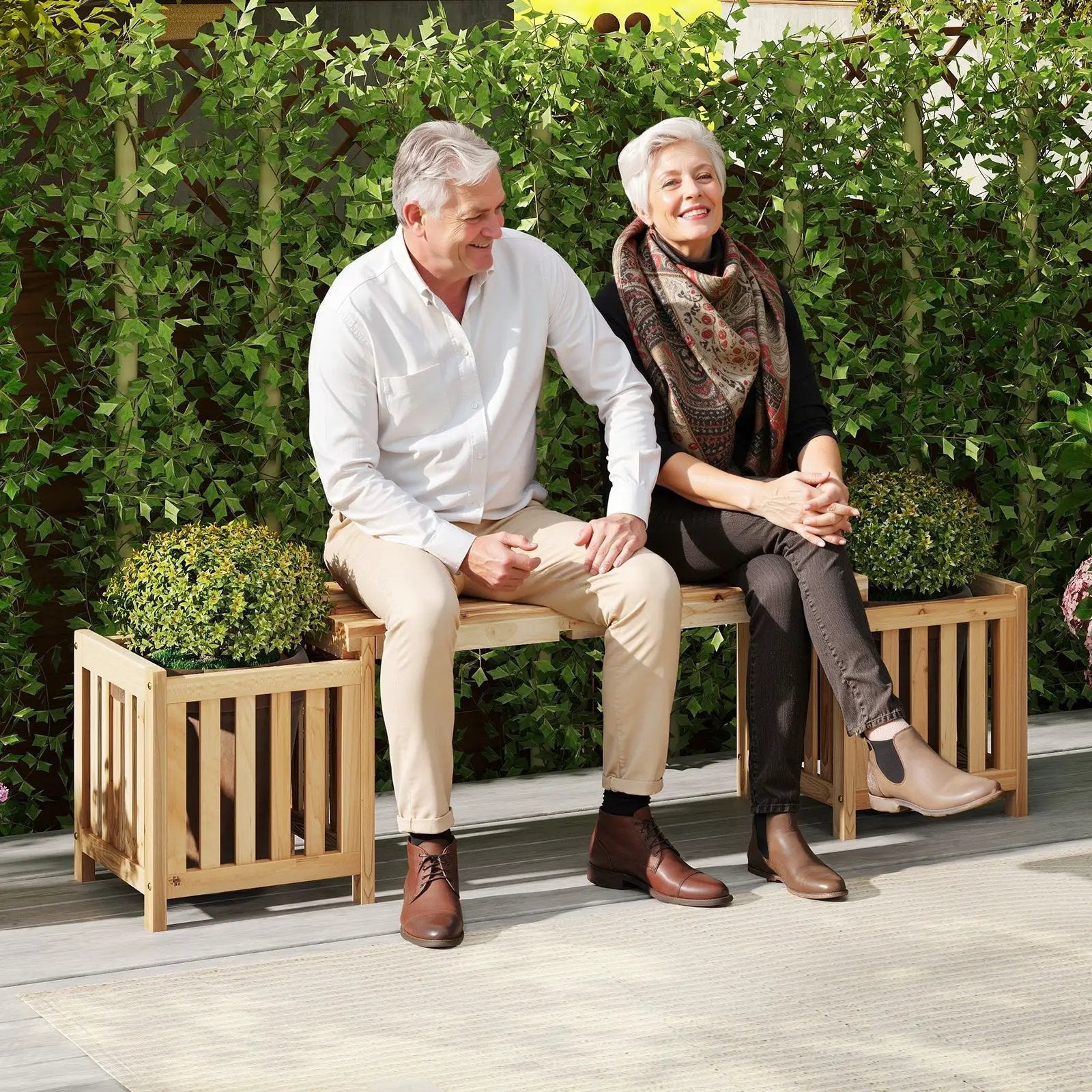 Patio Wooden Bench with Planter 2 Person Patio Bench-Natural by DirectDeals