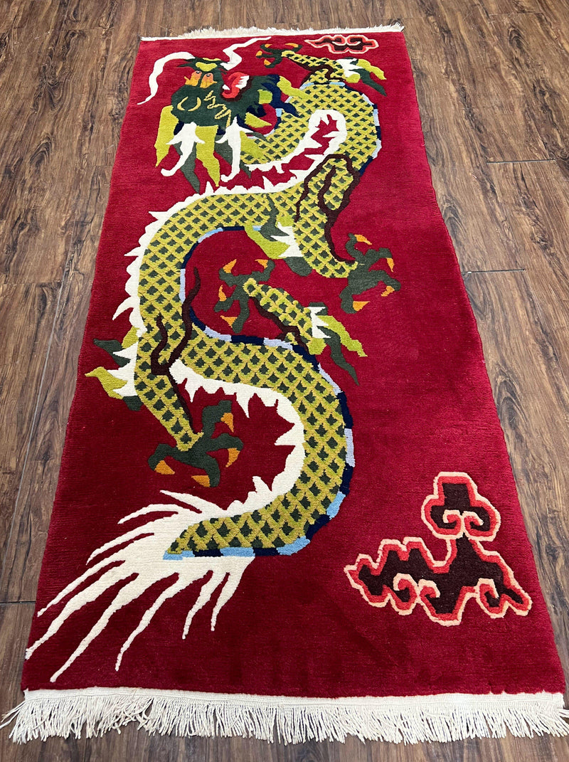 Vintage Chinese Dragon Rug 3 x 6.8, Handmade Hand Knotted Red Chinese Carpet with Gold Dragon, Art Deco Peking Soft Chinese Rug Runner by Jewel Rugs