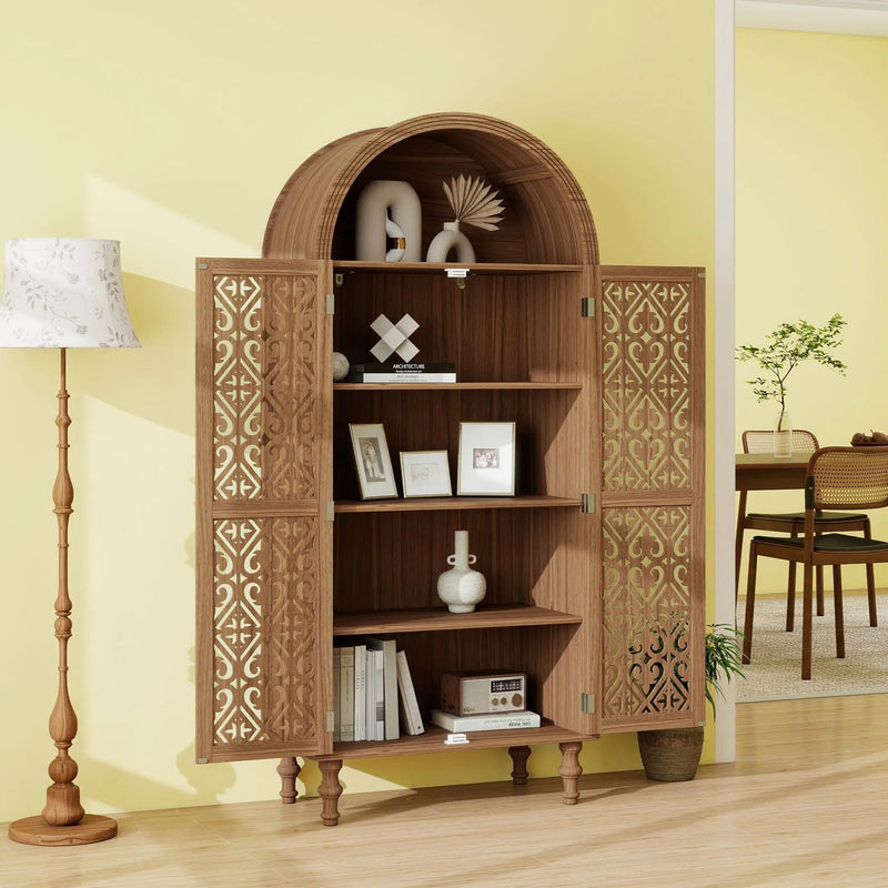 Tall Kitchen Pantry Cabinet With Hollow Carved Doors Adjustable Shelves Versatile Storage Cabinet For Kitchen - Walnut by HouseOfZazla