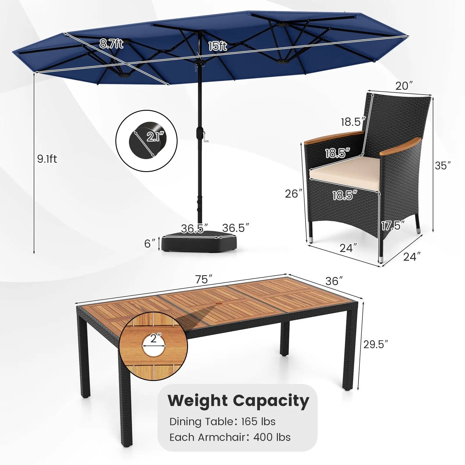 10 Piece Outdoor Dining Set with 15 Feet Double-Sided Twin Umbrella by DirectDeals