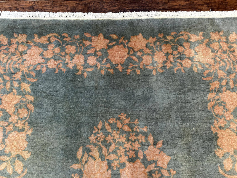 Teal Chinese Wool Rug 6x8, Vintage Handmade Carpet, Floral, Semi Open Field by Jewel Rugs