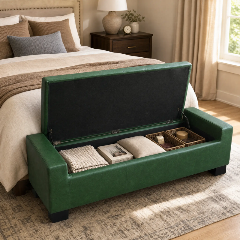 Green Storage Ottoman Bench, PU Upholstered Footrest with Solid Wood Legs by HouseOfZazla