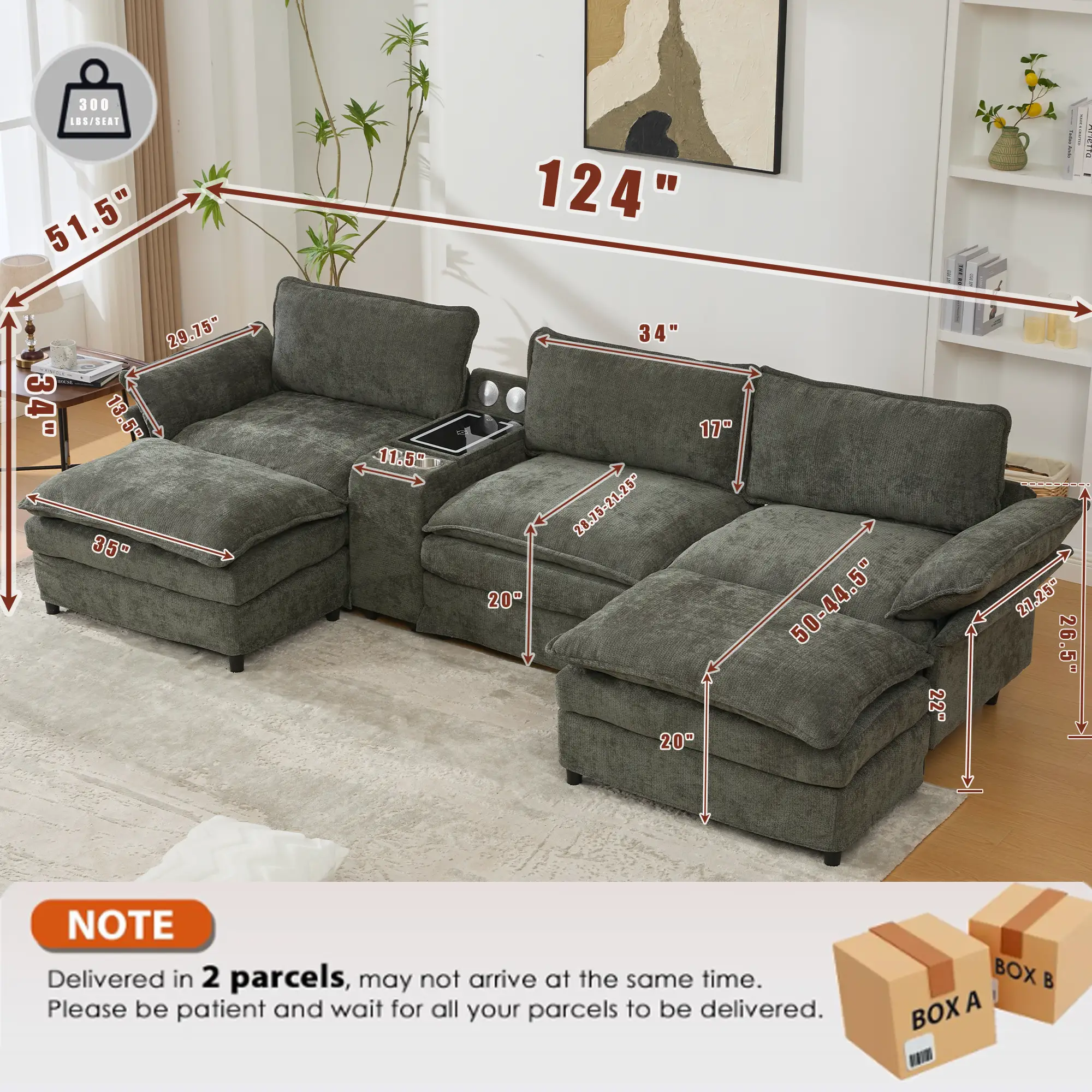 U Shaped Modular Sectional Sofa with Storage Console & Bluetooth Speakers by HouseOfZazla