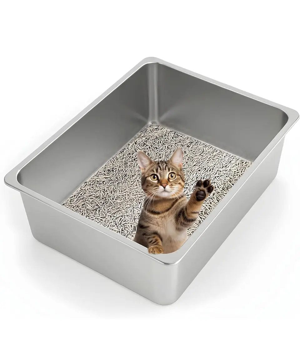 Open Box Kirecoo Stainless Steel Cat Litter Box XL- Metal High Sided Cat Pan, Large Stainless Steel Box, Indoor Litter Tray, Non Stick, No Smell, Easy by Selzalot