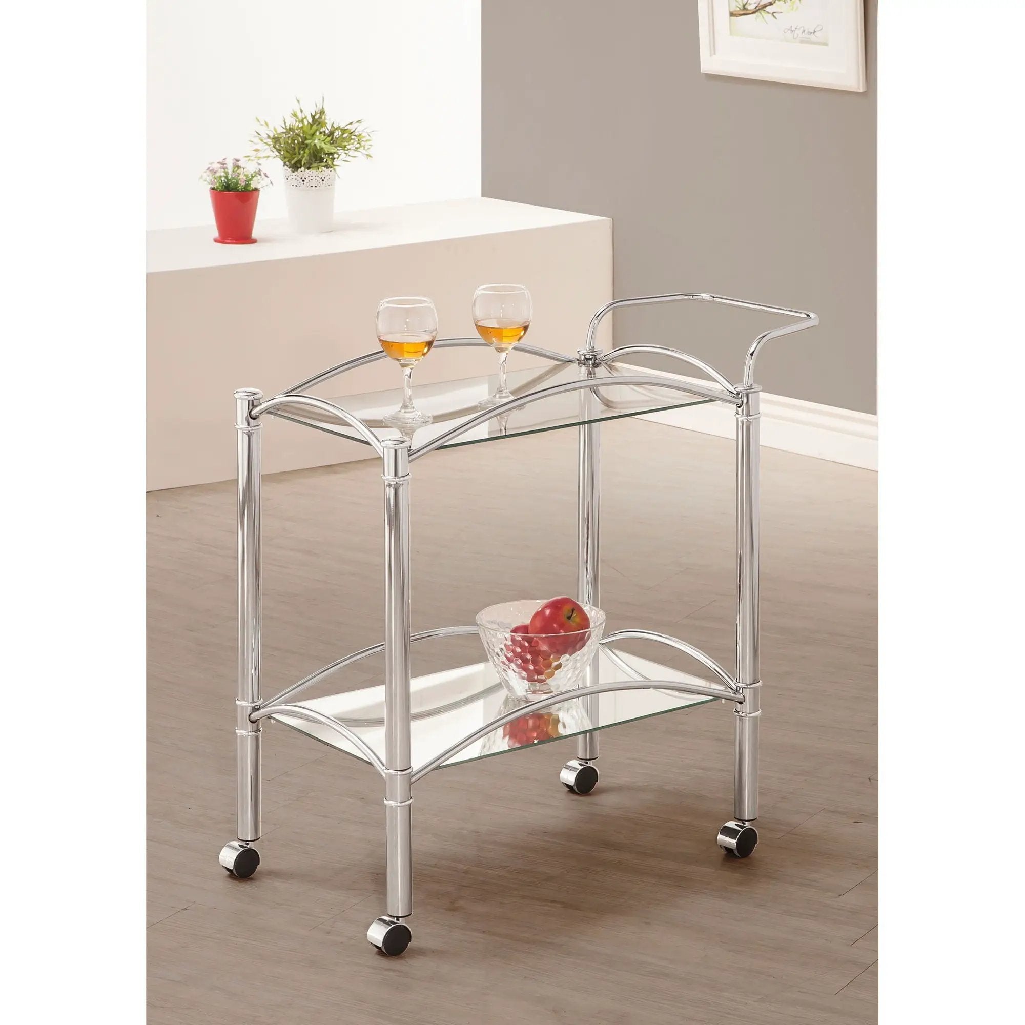 Porch & Den - 2 Tier Rectangular Glass Shelf Bar Cart With Glass - Chrome by HouseOfZazla