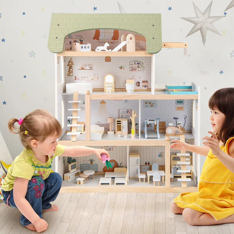 Wooden Dollhouse Kids DIY Pretend Playhouse with 33 PCS Furniture Accessories-Green by DirectDeals