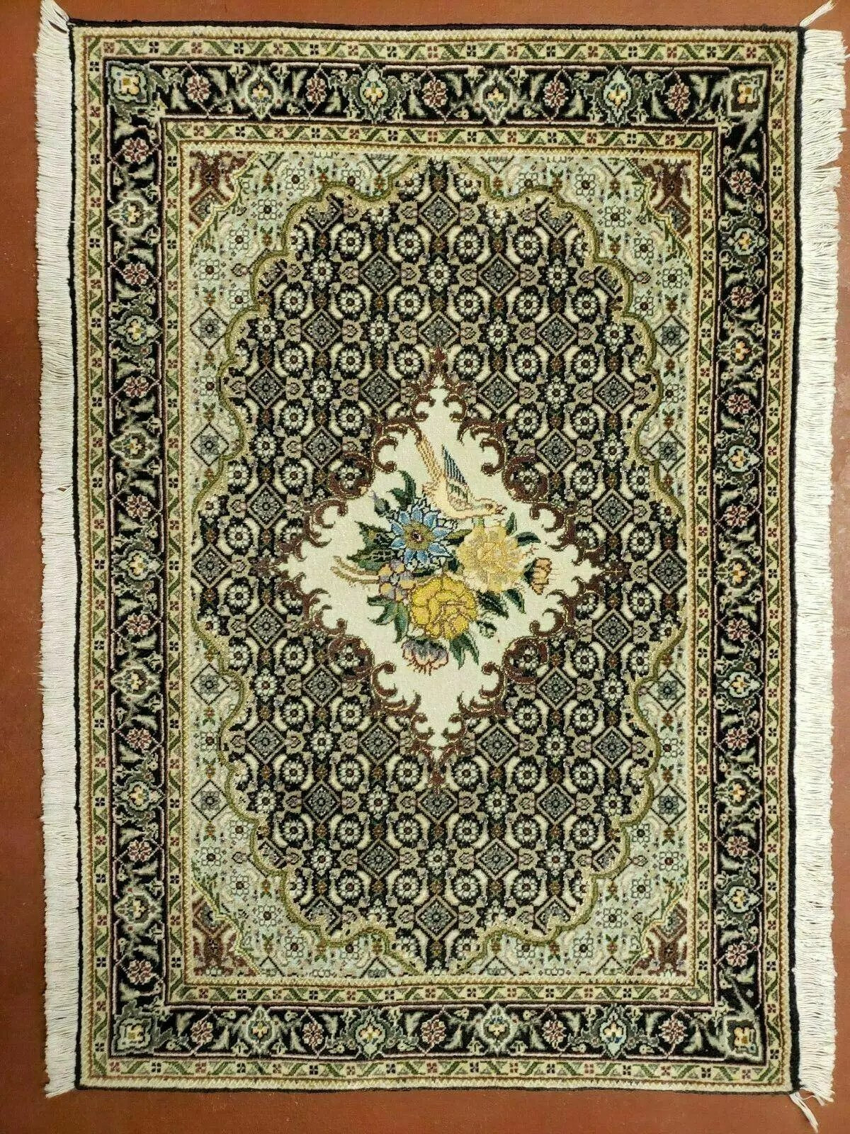 Small Persian Rug 2.4 x 3, Birds and Flowers, Finely Hand Knotted by Jewel Rugs