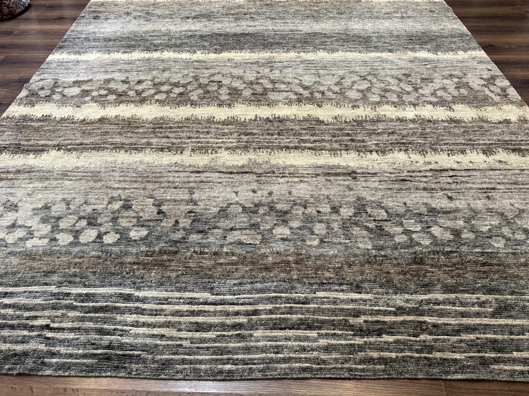 Modern Tibetan Wool Rug 8x10, Abstract, Contemporary, Handmade, Gray, Stripes by Jewel Rugs