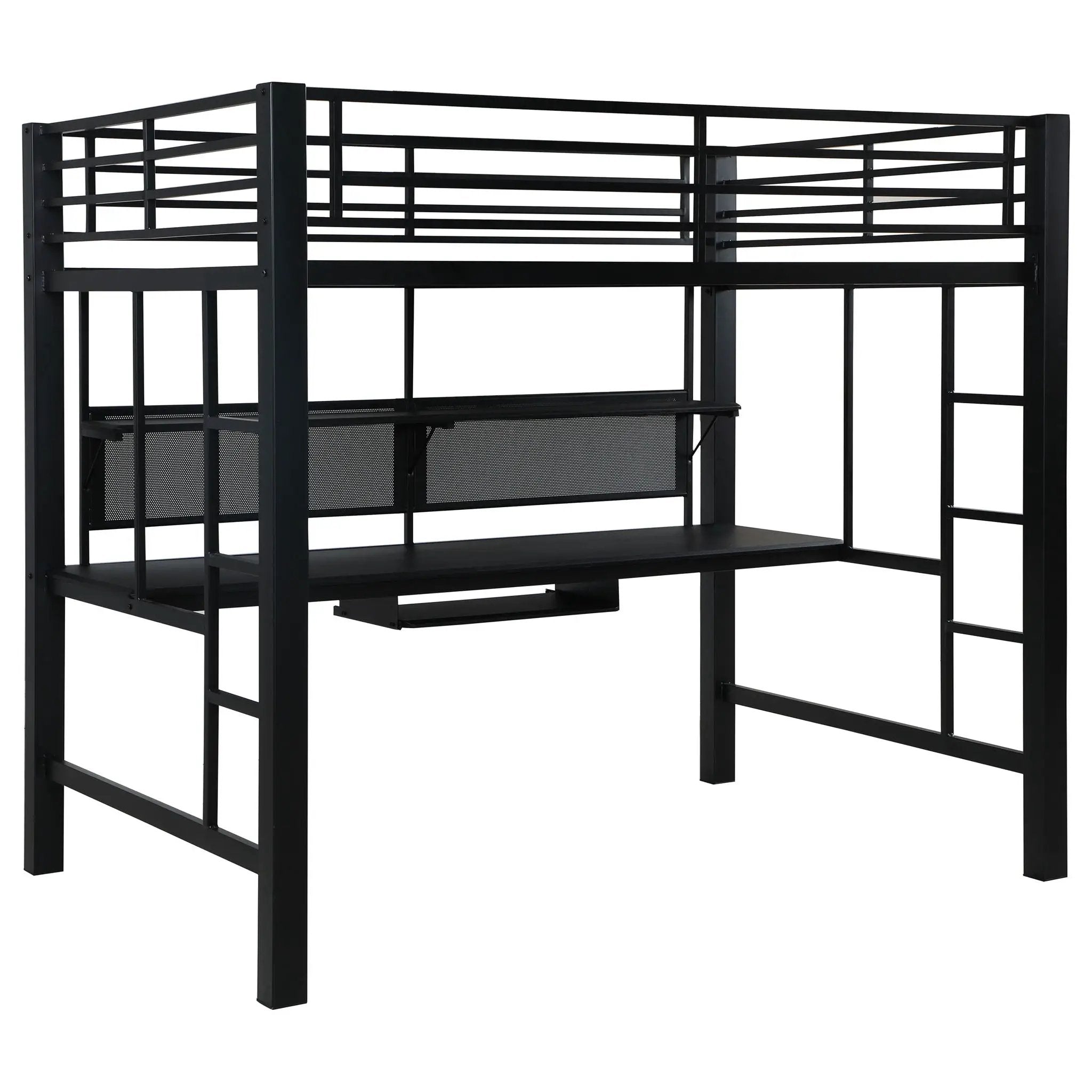 Ranier - Full Workstation Loft Bed, Full Length Desk, Safety Rails And Storage Shelves - Black by HouseOfZazla