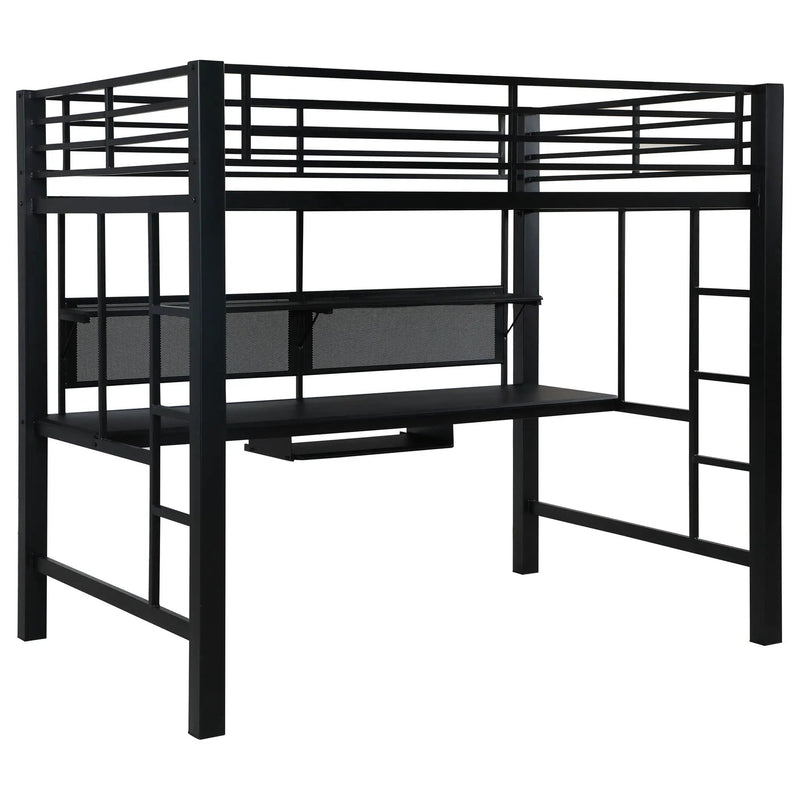 Ranier - Full Workstation Loft Bed, Full Length Desk, Safety Rails And Storage Shelves - Black by HouseOfZazla