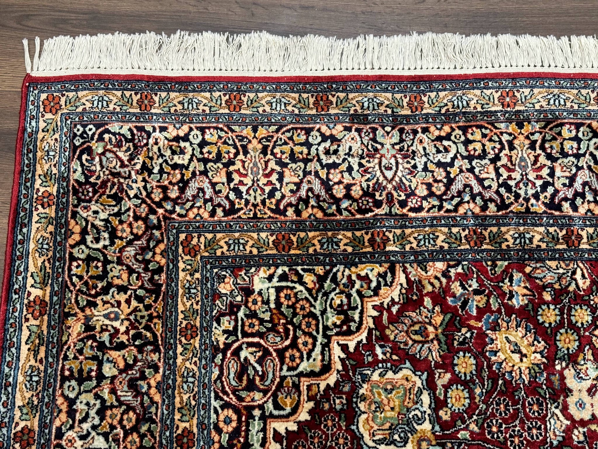 Indian Kashmiri Silk Rug 6x9, Red and Navy Blue, Floral Medallion, Fine 275 KPSI by Jewel Rugs
