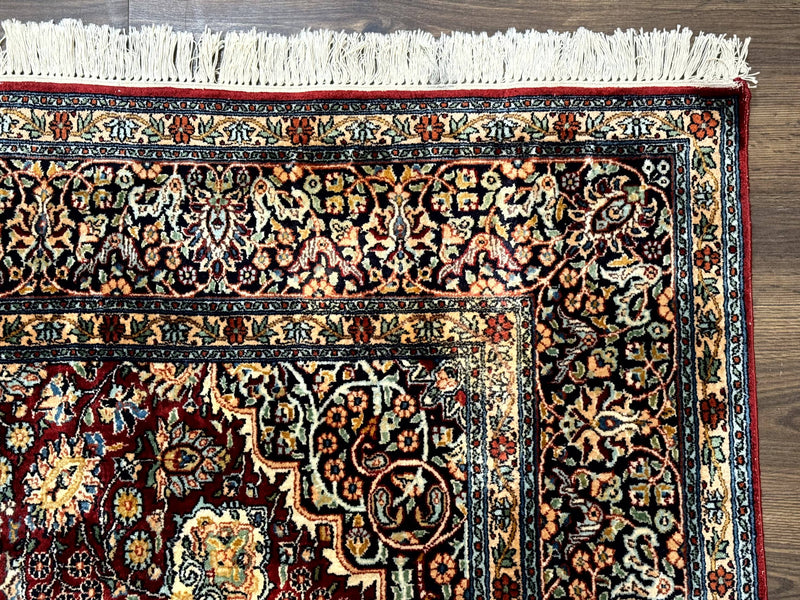 Indian Kashmiri Silk Rug 6x9, Red and Navy Blue, Floral Medallion, Fine 275 KPSI by Jewel Rugs