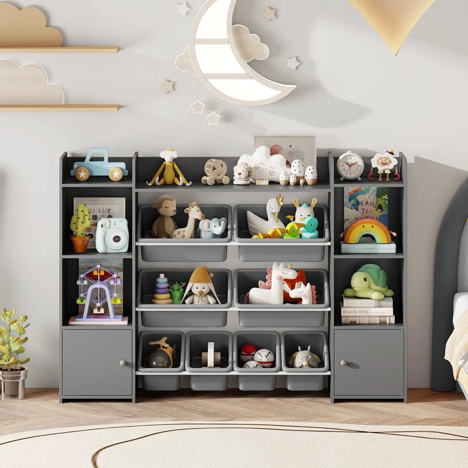 56 inch Large Toy Storage Organizer with 8 Removable Bins and Bookshelf by DirectDeals