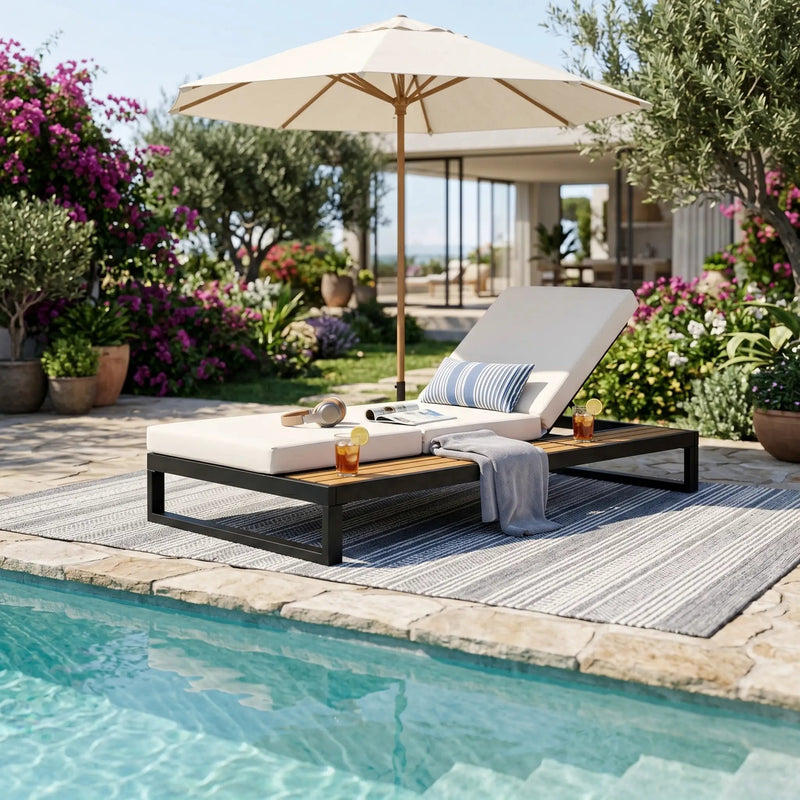 Black Iron & Teak Finish Chaise Lounge Set by HouseOfZazla