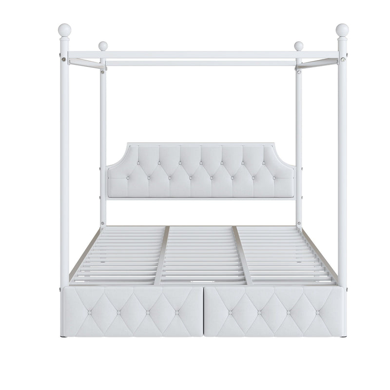 Queen Size Canopy Platform Bed With Upholstered Headboard And 2 Storage Drawers - White by HouseOfZazla