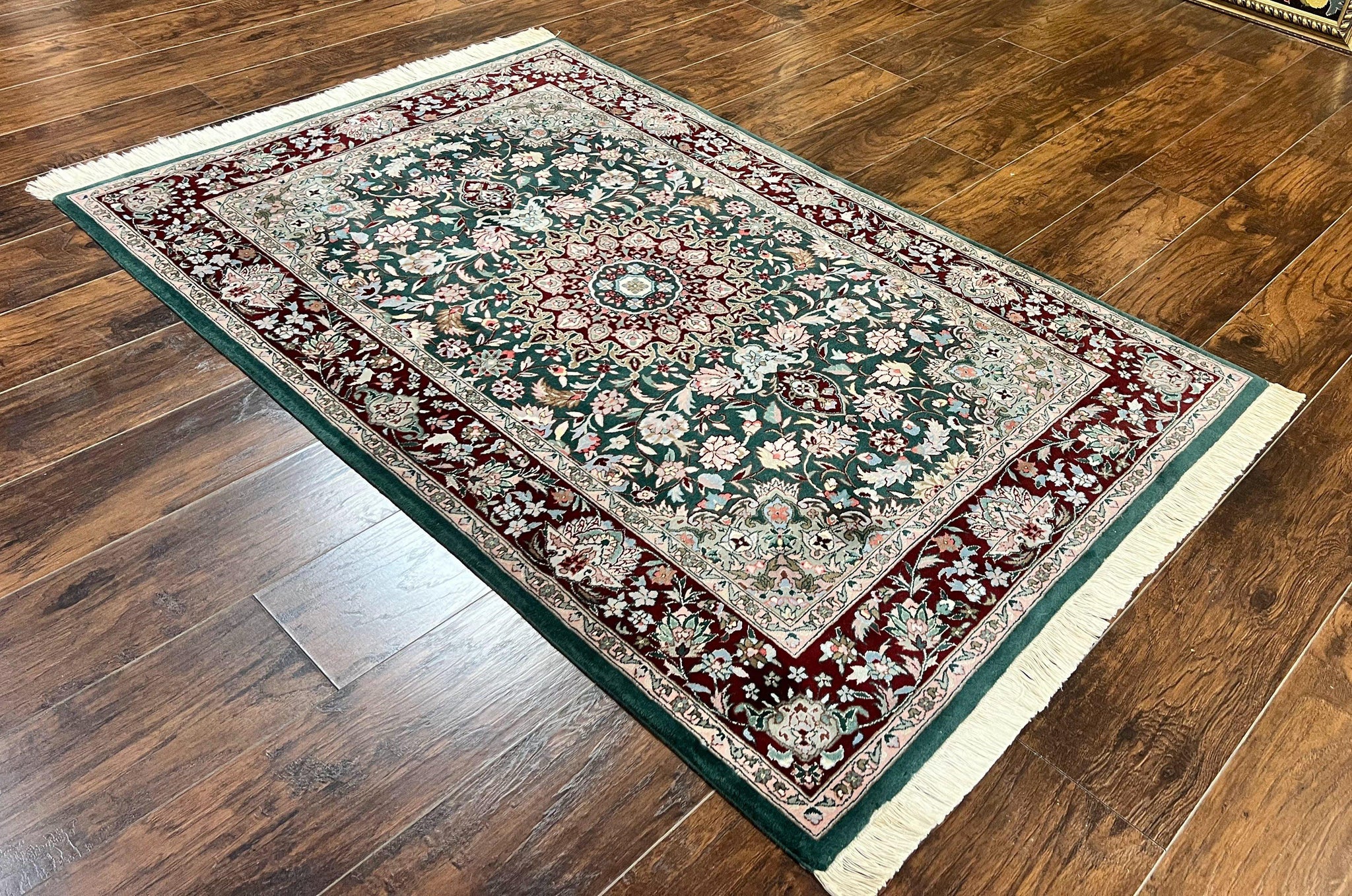 Pak Persian Rug 4x6, Wool Hand Knotted Vintage Carpet, Dark Green, Floral Medallion, Fine Oriental Rug by Jewel Rugs