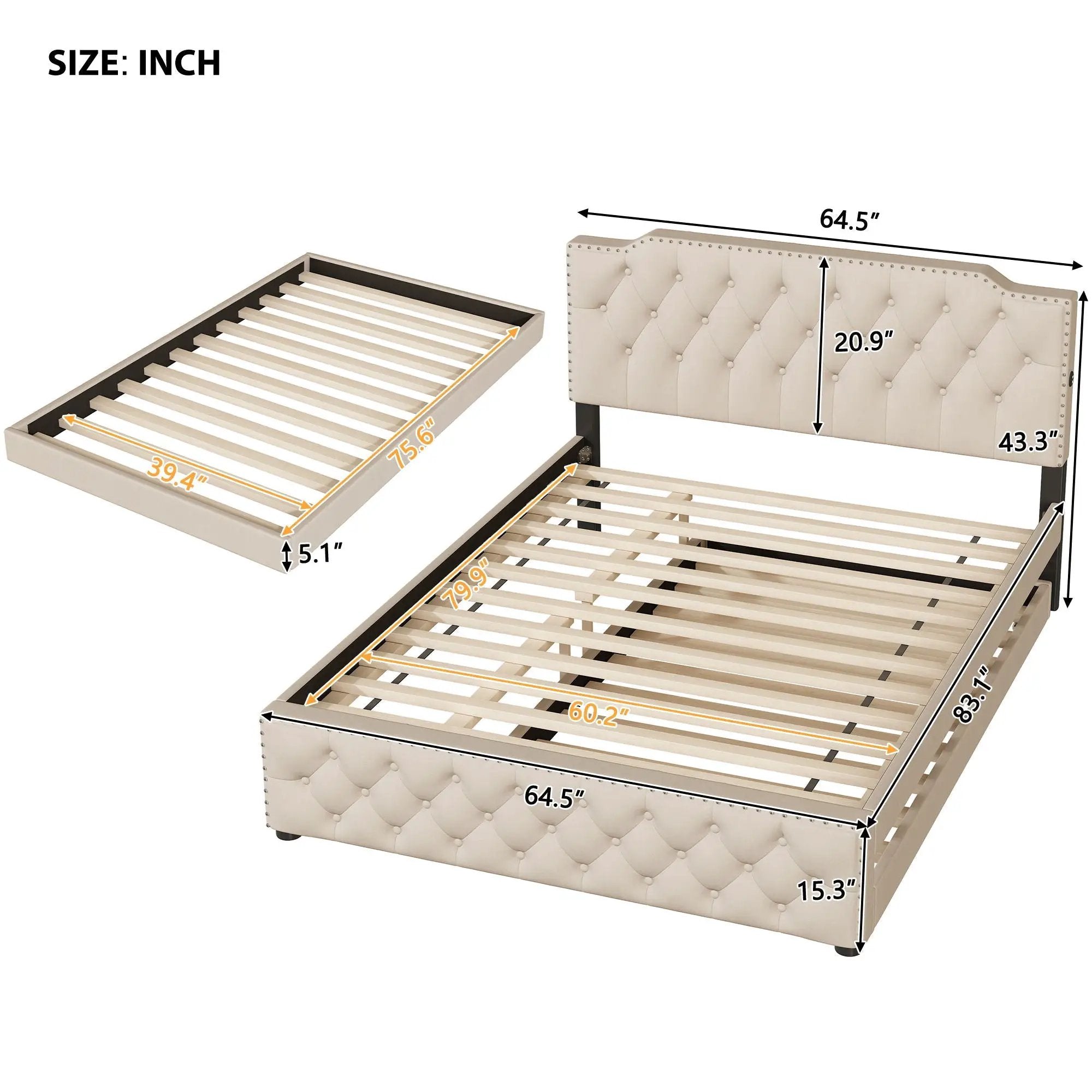 Upholstered Platform Bed With Trundle And 2 Sets Of USB Ports On Each Side, Fabric by HouseOfZazla