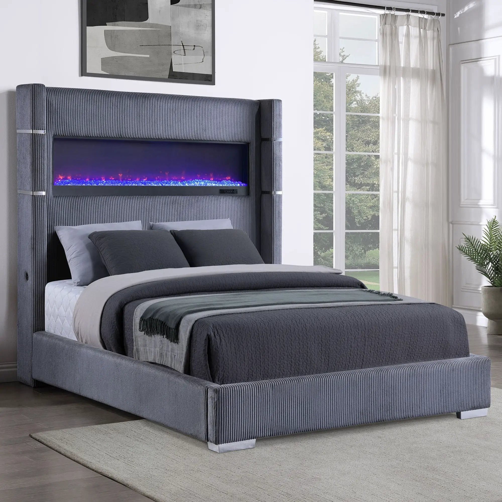 Haven - Upholstered Queen Bed With Integrated Flame Box - Gray by HouseOfZazla