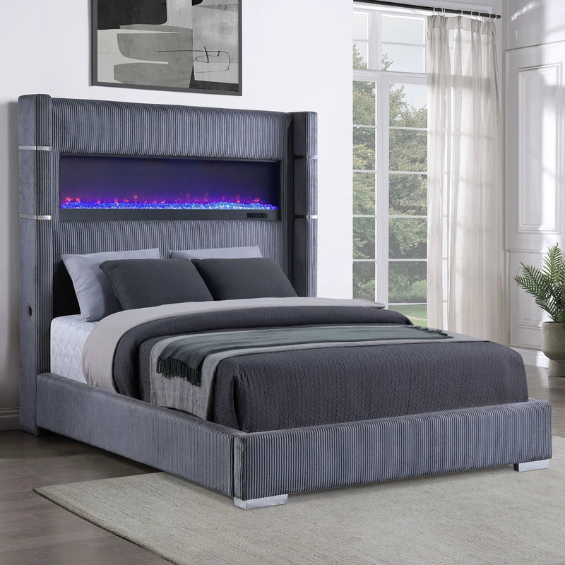 Haven - Upholstered Queen Bed With Integrated Flame Box - Gray by HouseOfZazla