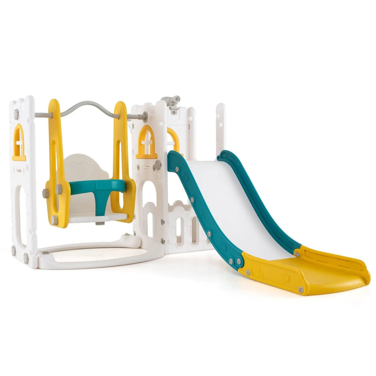7-in-1 Toddler Swing and Slide Set L-shaped with Ladder and Basketball Hoop, photo 6 of 16