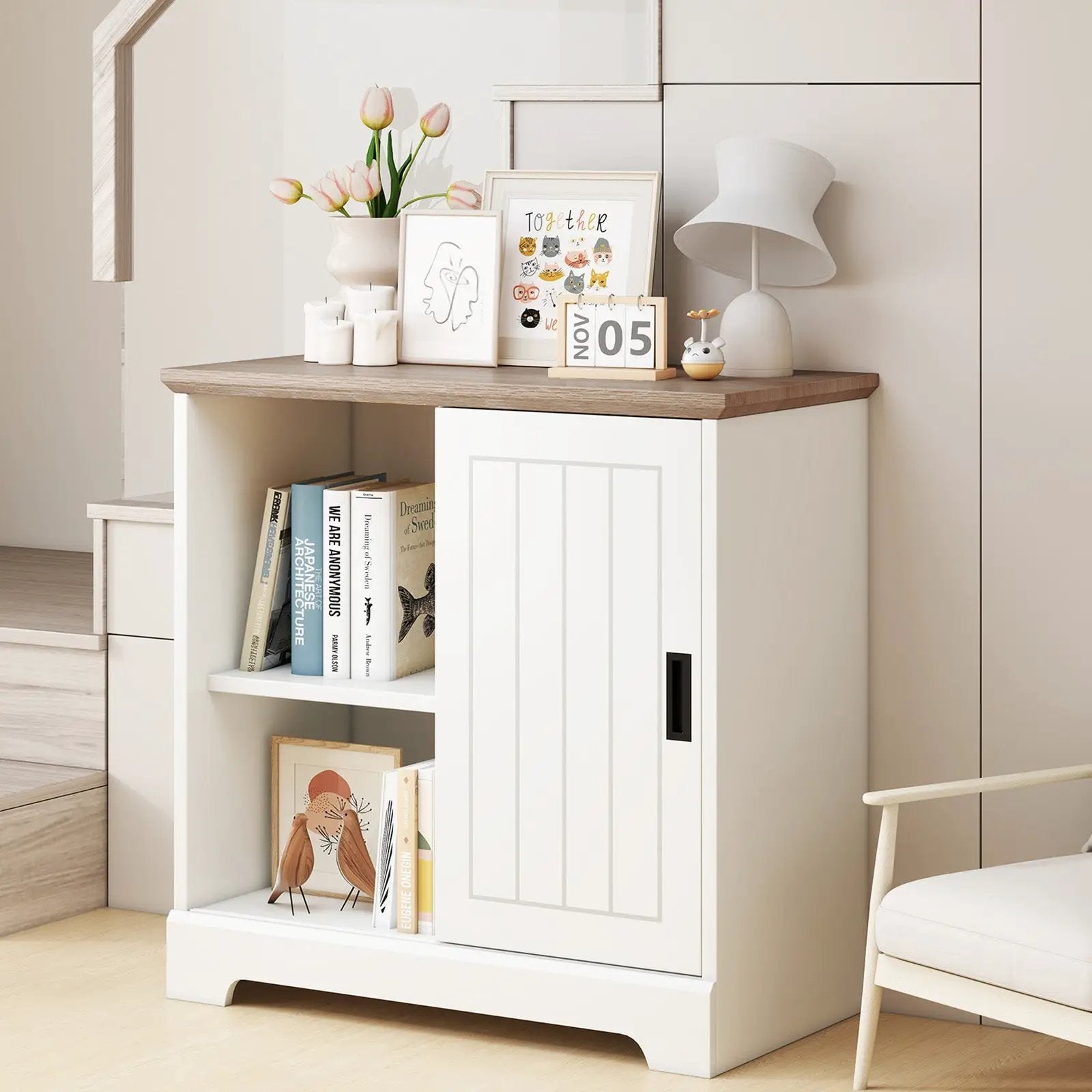 Farmhouse Sideboard Buffet Cabinet Kitchen Pantry with Sliding Doors-White by DirectDeals