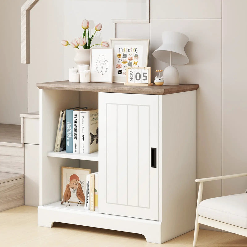 Farmhouse Sideboard Buffet Cabinet Kitchen Pantry with Sliding Doors-White by DirectDeals