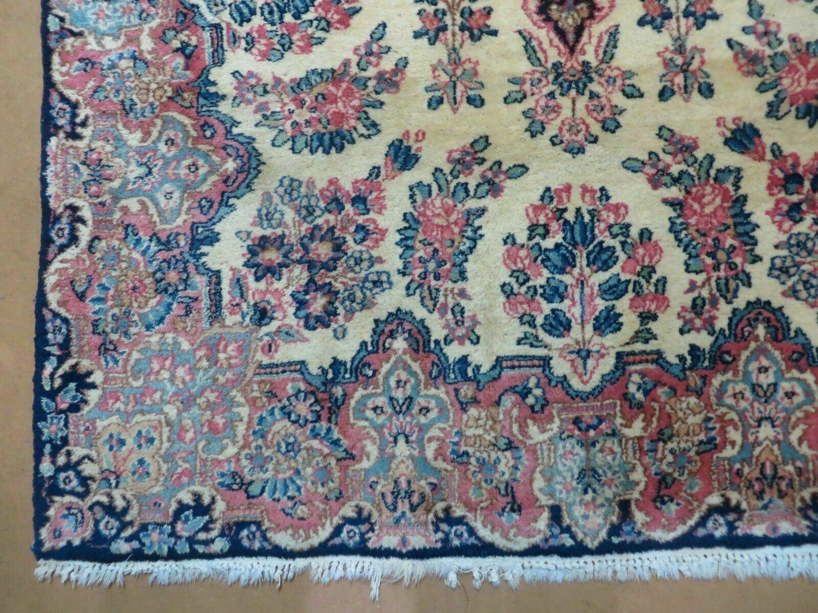 Antique Persian Kirman Rug 3.9 x 6.6, Floral Oriental Carpet, Ivory/Cream - Blue - Pink, Hand Knotted Wool Rug, Floral Medallion Rug 4x6 by Jewel Rugs