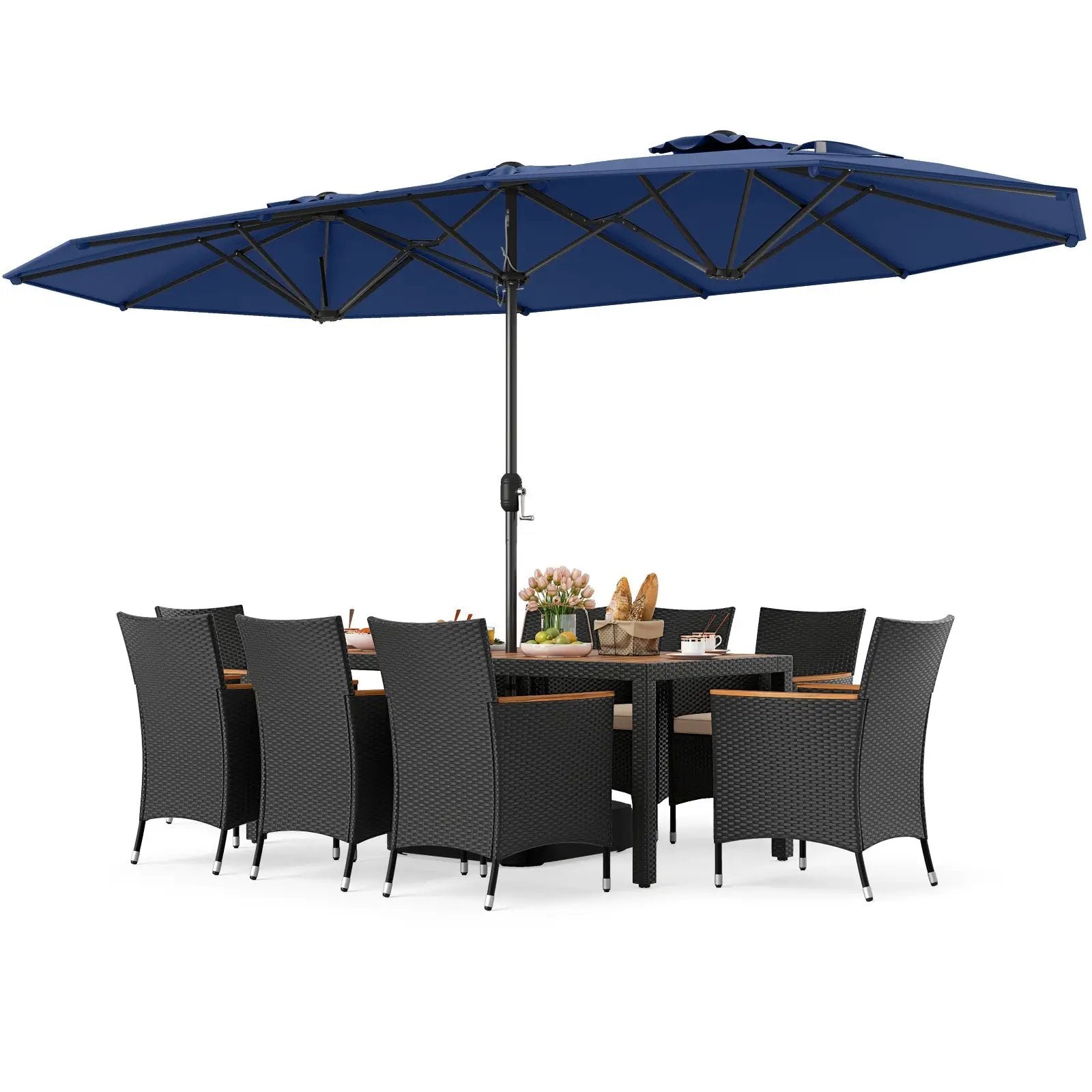 10 Piece Outdoor Dining Set with 15 Feet Double-Sided Twin Umbrella by DirectDeals