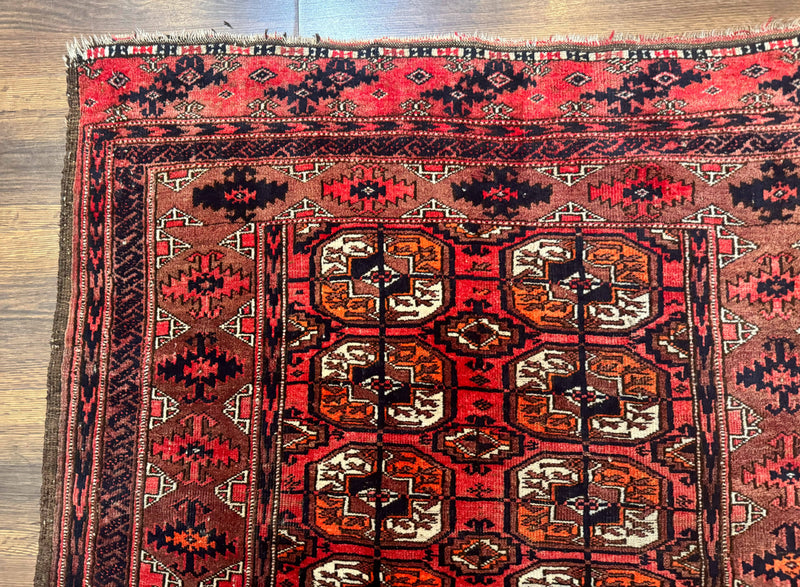 Antique Turkoman Rug 3.7 x 6.7, Red, Wool Runner Rug by Jewel Rugs