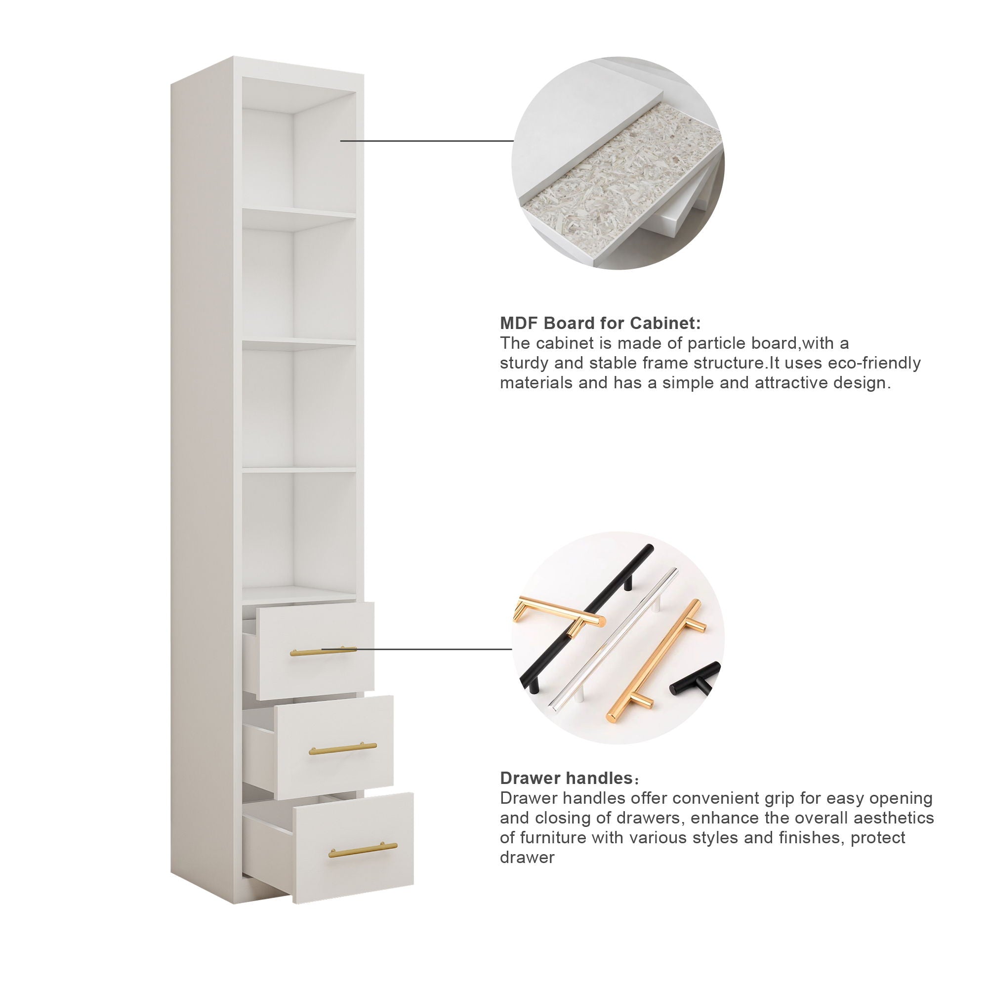 Tall Storage Cabinet With 3 Drawers For Bedroom - White