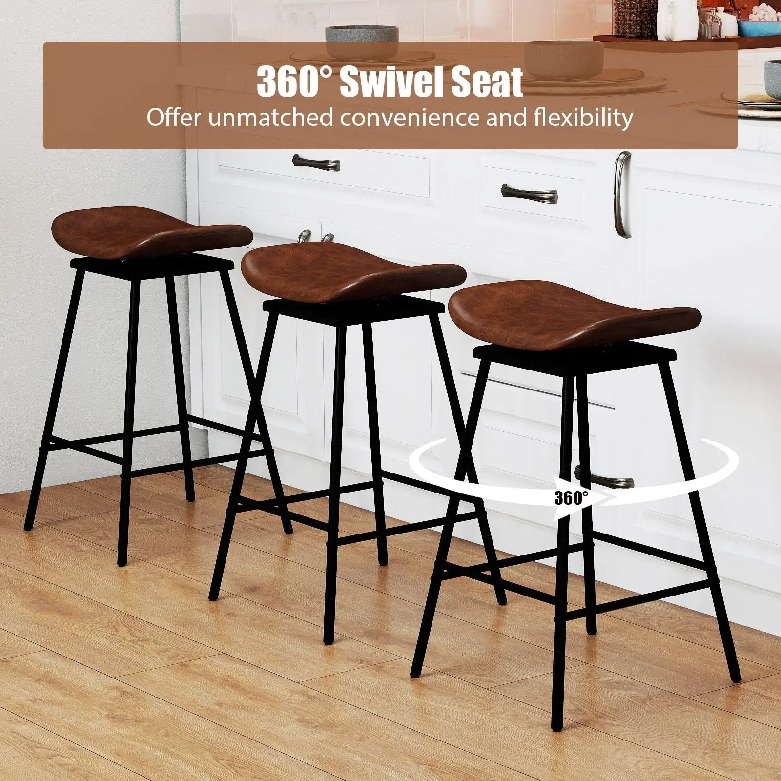 Set of 2 Swivel Barstools Faux Leather Upholstered Backless with Footrest by DirectDeals