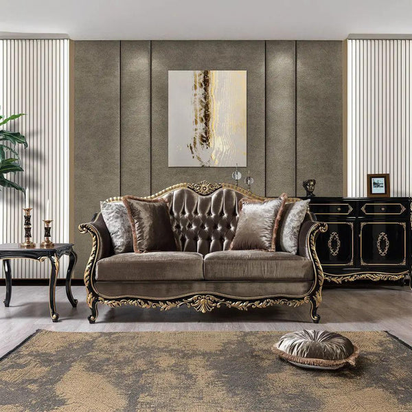 Betria - Loveseat With 4 Pillows - Light Green Velvet, Gold & Black High Gloss