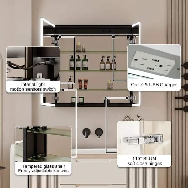 Open Box FORCLOVER 30 in. W x 30 in. H Rectangular Black Aluminum Recessed/Surface Mount LED Medicine Cabinet with Mirror,Outlet,Soft Close by Selzalot