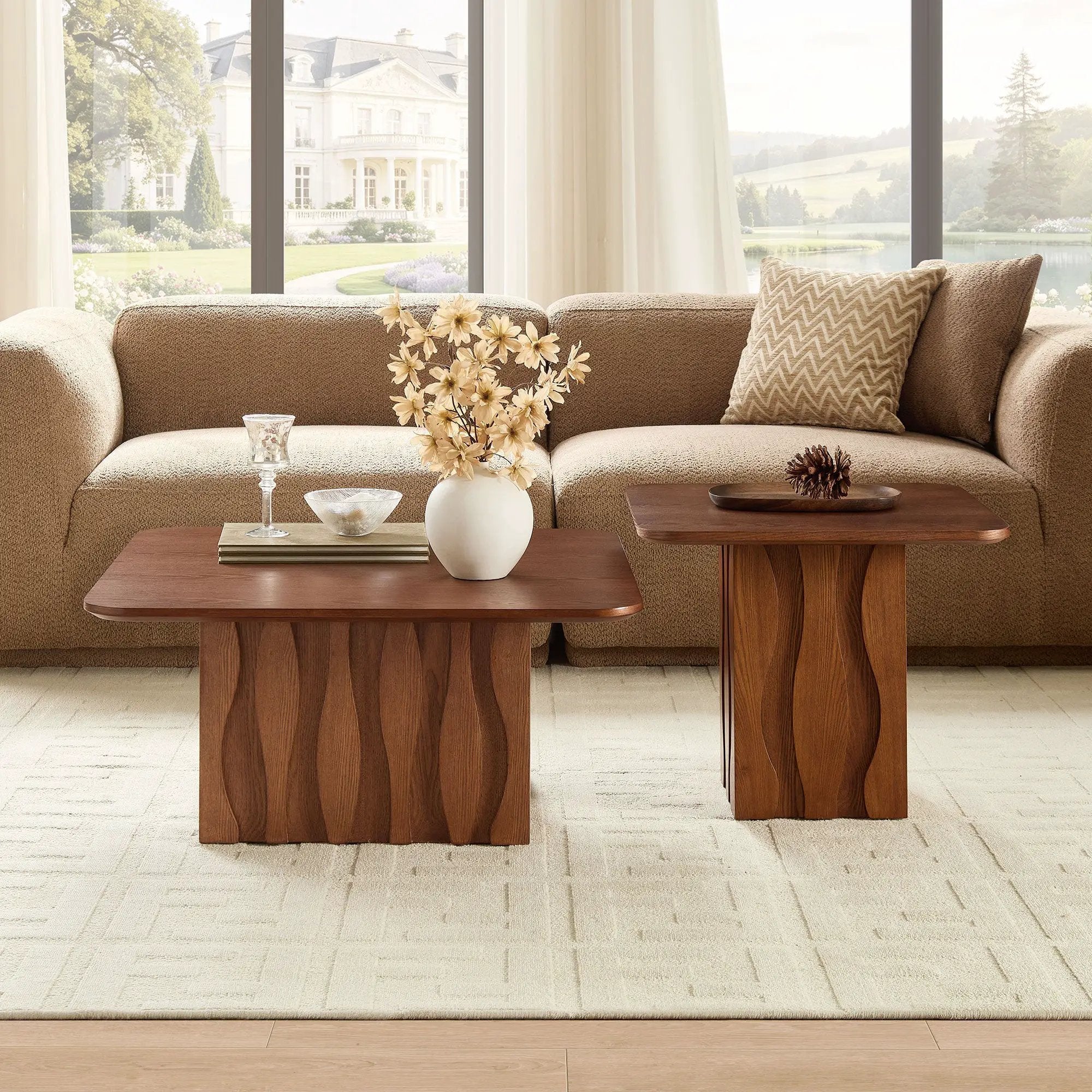 2PCS Nesting Square Coffee Table Mid-Century Wavy Fluted Base by HouseOfZazla