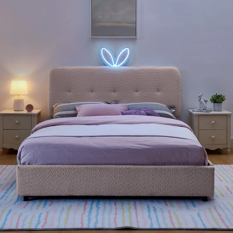 Queen Size Kids Upholstered Bed with Rabbit Ear Headboard & Storage by HouseOfZazla