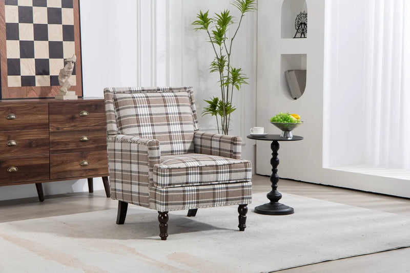 Upholstered Accent Chair with Brown Linen Fabric and Nailhead Trim by HouseOfZazla