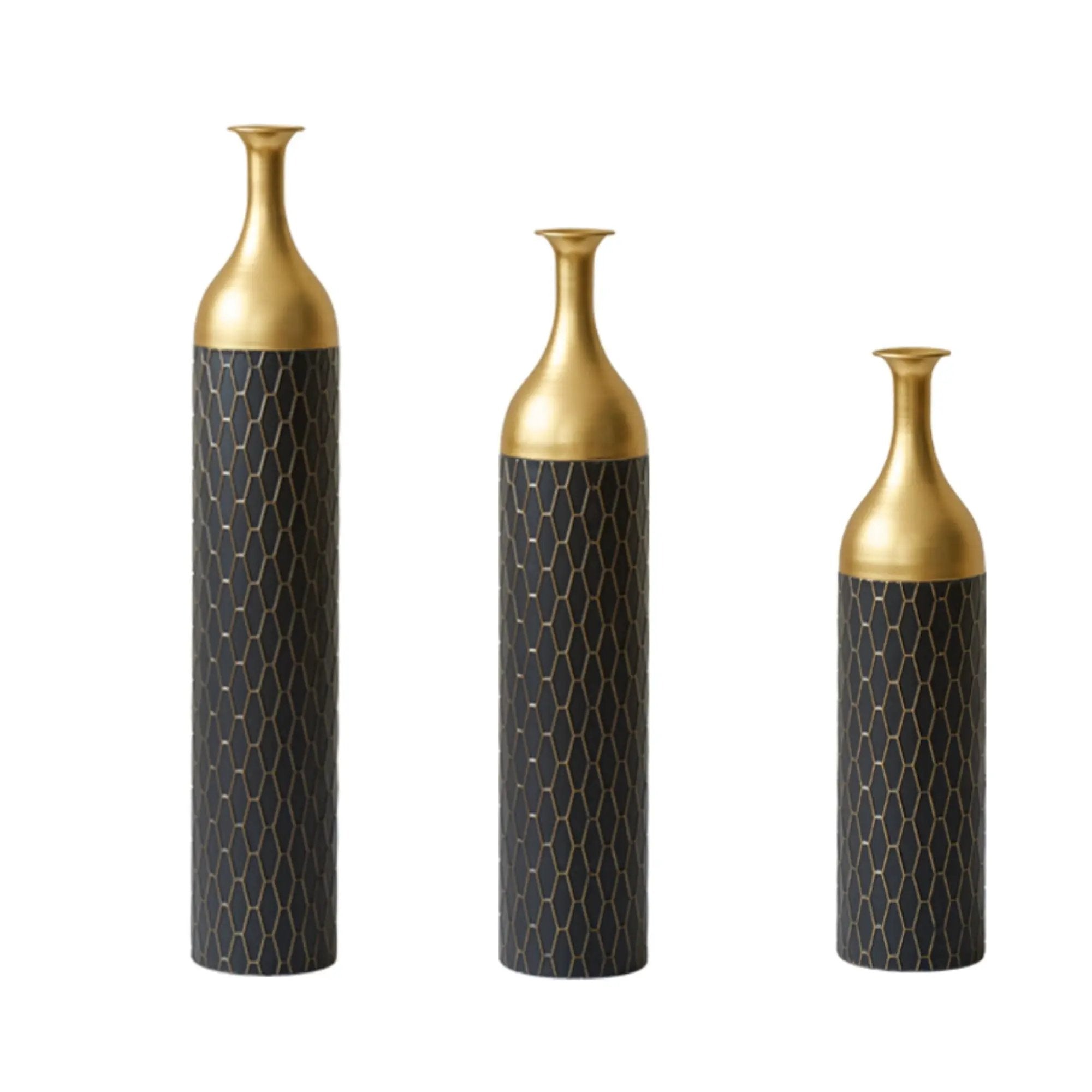 Elegant Floor Vase Set Metal Decorative Vases 3 Piece Set For Floral Display, Wedding & Gift Decor - Gold / Black by HouseOfZazla