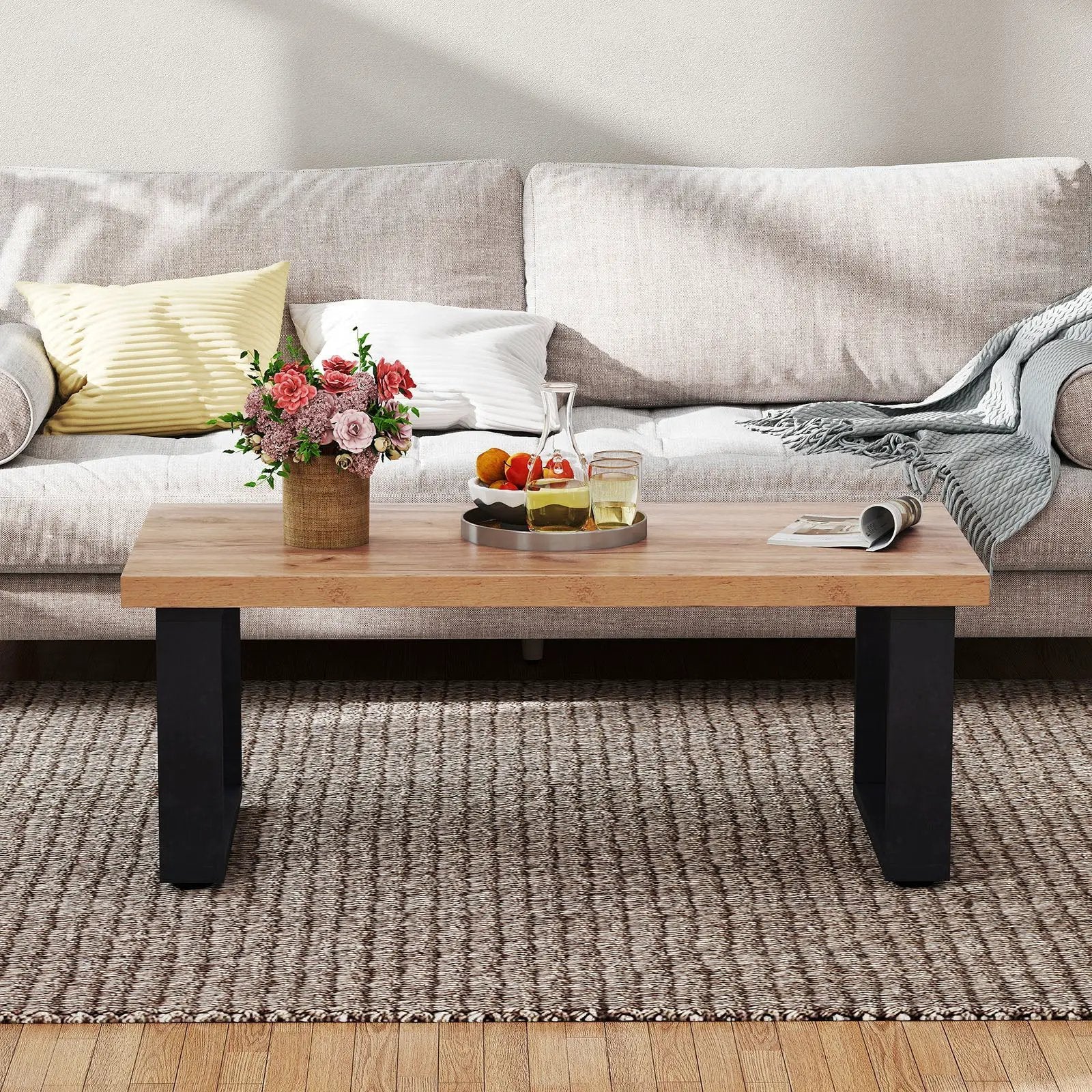 47 inch Farmhouse Style Rustic Coffee Table with Thickened Tabletop and Natural Wood Texture-Oak by DirectDeals