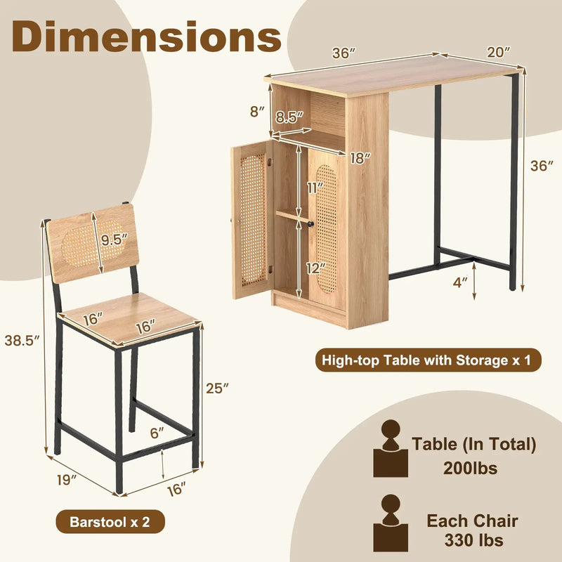 3-Piece Bar Table and Chairs Set with Storage Shelves and Footrests-Natural by DirectDeals
