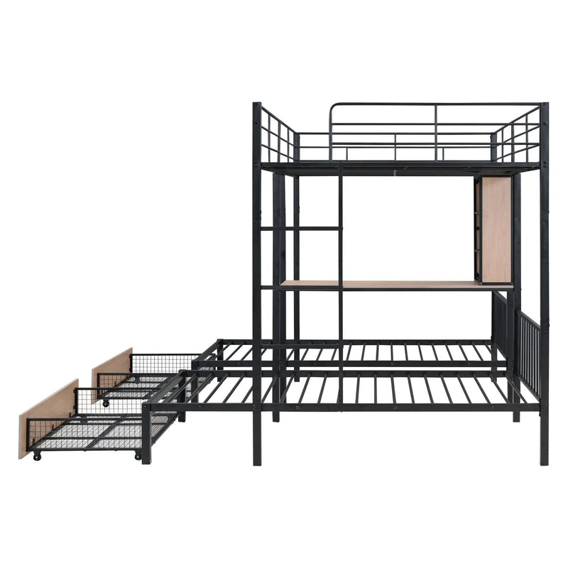 Triple Bunk Bed With Drawers, Multi-Functional Frame With Desks And Shelves In The Middle by HouseOfZazla