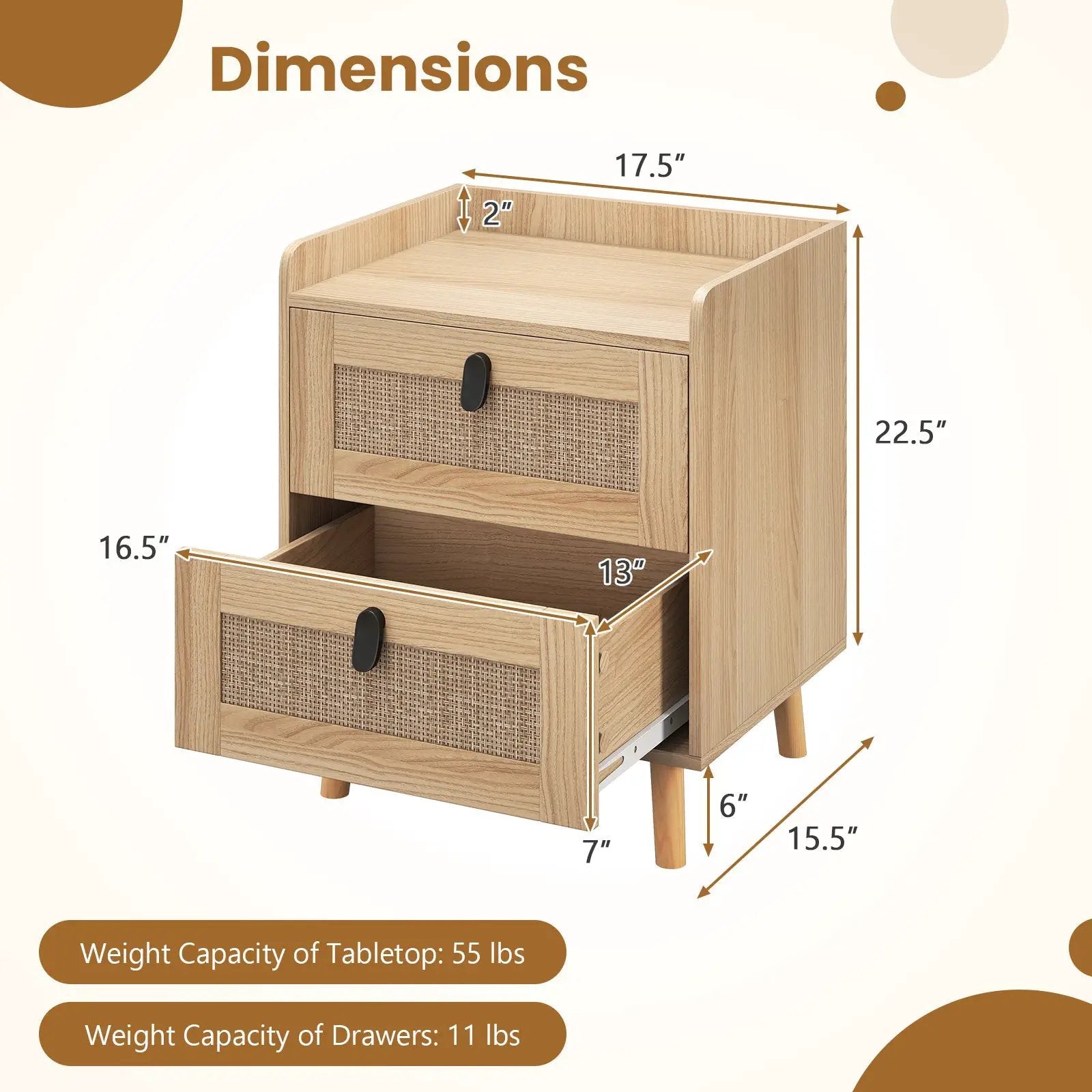Modern End Table Bedside Table with 2 Rattan Decorated Drawers by DirectDeals