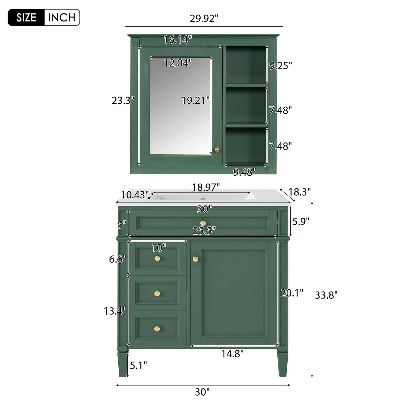 Bathroom Vanity With Medicine Cabinet, Royal Mirror Cabinet, Modern Bathroom Storage Cabinet With 2 Soft Closing Doors And 4 Drawers by Unique Piece Furniture