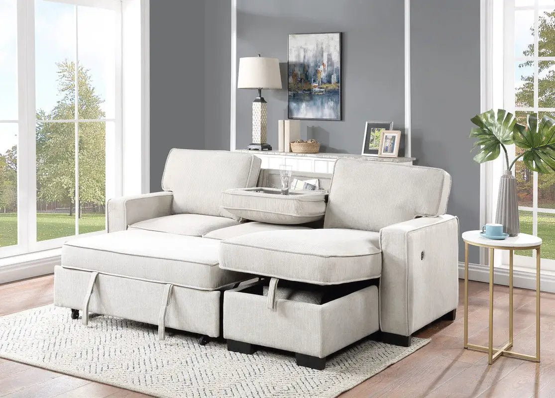 Estelle - Fabric Reversible Sleeper Sectional With Storage Chaise Drop-Down Table 2 Cup Holders And 2 USB Ports by HouseOfZazla
